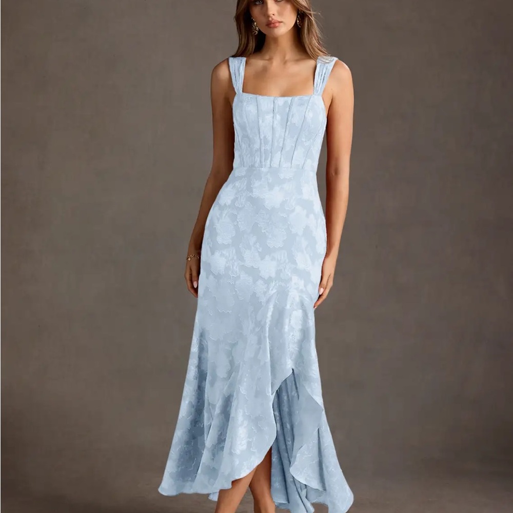 Azazie Light Blue Floral Jacquard Midi Dress